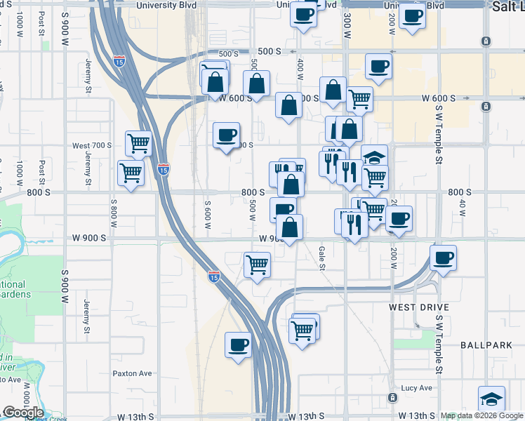 map of restaurants, bars, coffee shops, grocery stores, and more near 855 500 West in Salt Lake City