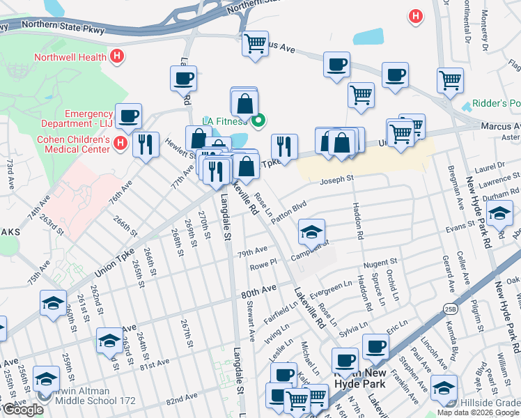 map of restaurants, bars, coffee shops, grocery stores, and more near 3 Patton Boulevard in New Hyde Park