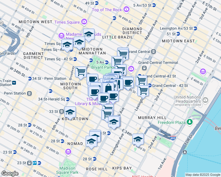 map of restaurants, bars, coffee shops, grocery stores, and more near 6 East 39th Street in New York
