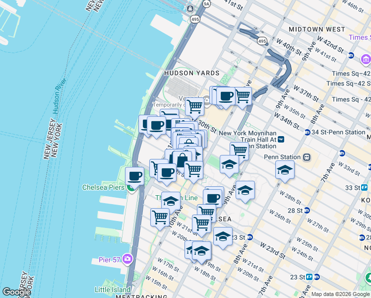 map of restaurants, bars, coffee shops, grocery stores, and more near 537 West 27th Street in New York
