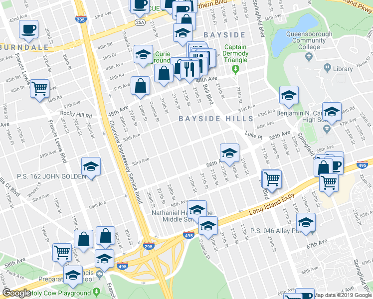 map of restaurants, bars, coffee shops, grocery stores, and more near 210-12 53rd Avenue in Queens