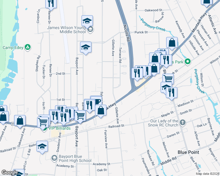 map of restaurants, bars, coffee shops, grocery stores, and more near 101 Imperial Way in Bayport