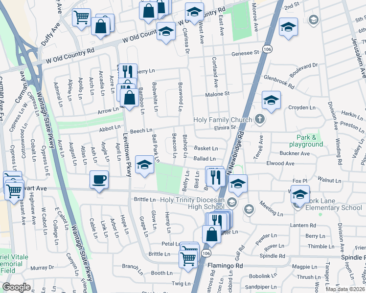 map of restaurants, bars, coffee shops, grocery stores, and more near 33 Beacon Lane in Hicksville
