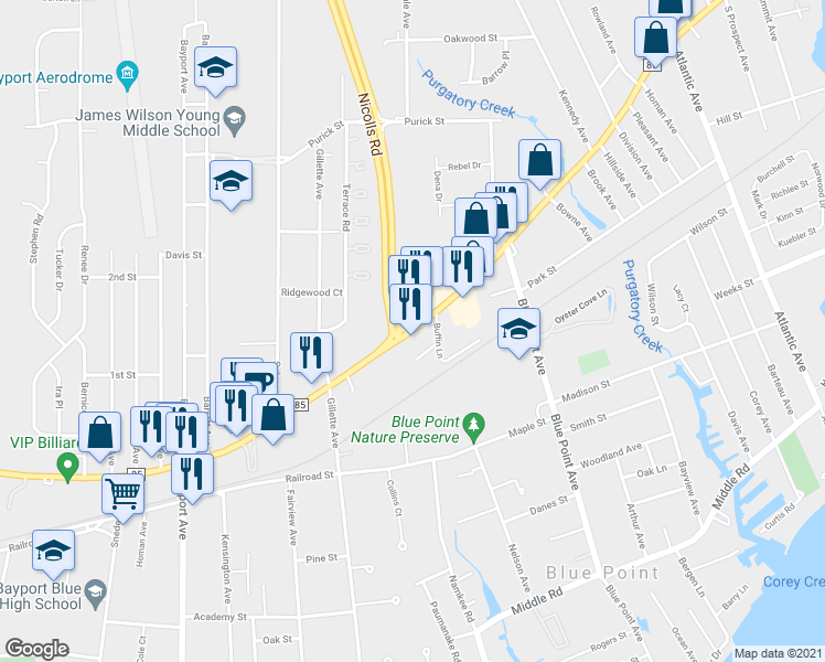 map of restaurants, bars, coffee shops, grocery stores, and more near 6 Montauk Highway in Bayport