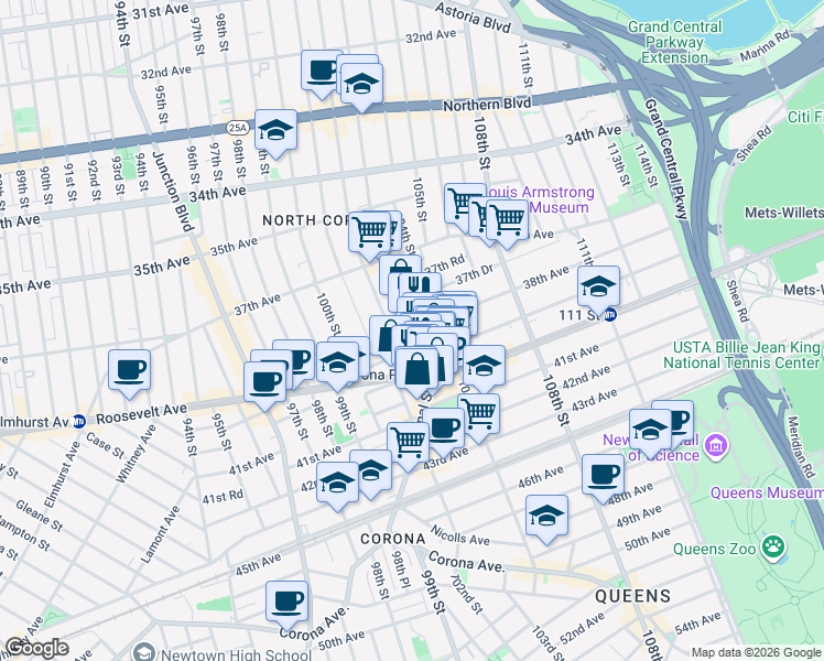 map of restaurants, bars, coffee shops, grocery stores, and more near in Queens