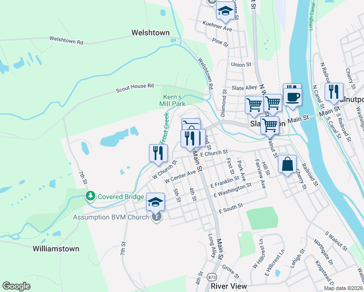 map of restaurants, bars, coffee shops, grocery stores, and more near 318 West Church Street in Slatington