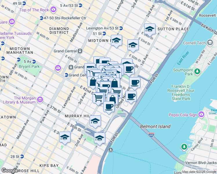 map of restaurants, bars, coffee shops, grocery stores, and more near 2nd Ave & E 44th St in New York