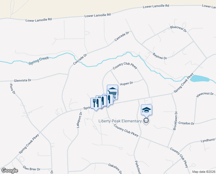 map of restaurants, bars, coffee shops, grocery stores, and more near 220 Country Club Parkway in Spring Creek