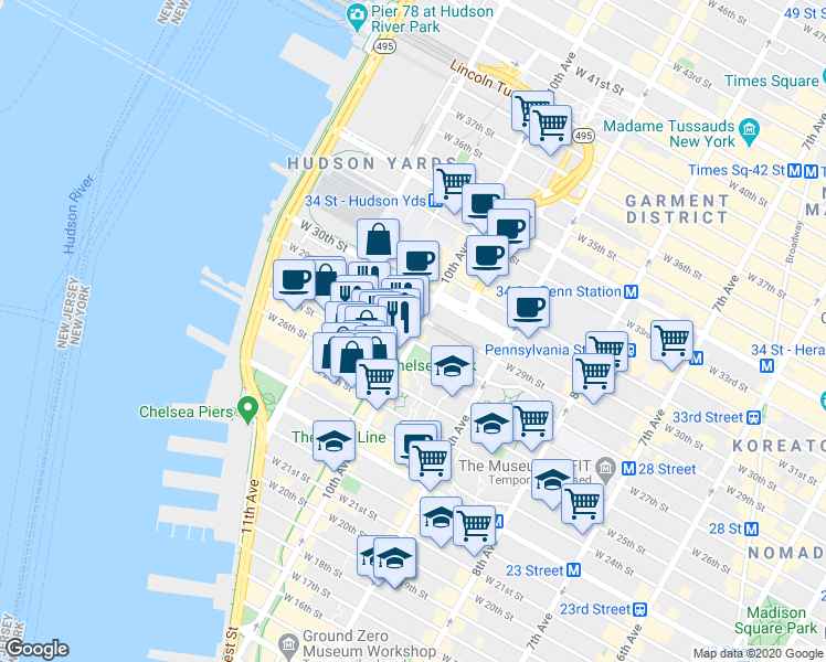 map of restaurants, bars, coffee shops, grocery stores, and more near 317 10th Avenue in New York