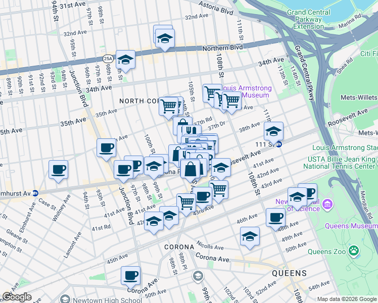 map of restaurants, bars, coffee shops, grocery stores, and more near in Queens