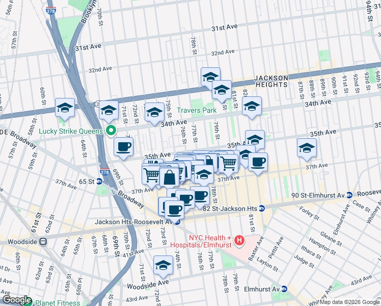 map of restaurants, bars, coffee shops, grocery stores, and more near in Queens