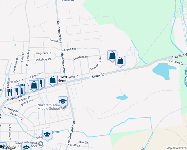 map of restaurants, bars, coffee shops, grocery stores, and more near 512 East Lawn Road in Nazareth