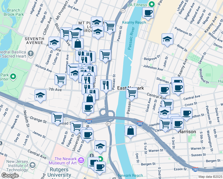 map of restaurants, bars, coffee shops, grocery stores, and more near 105-123 Clay St in Newark