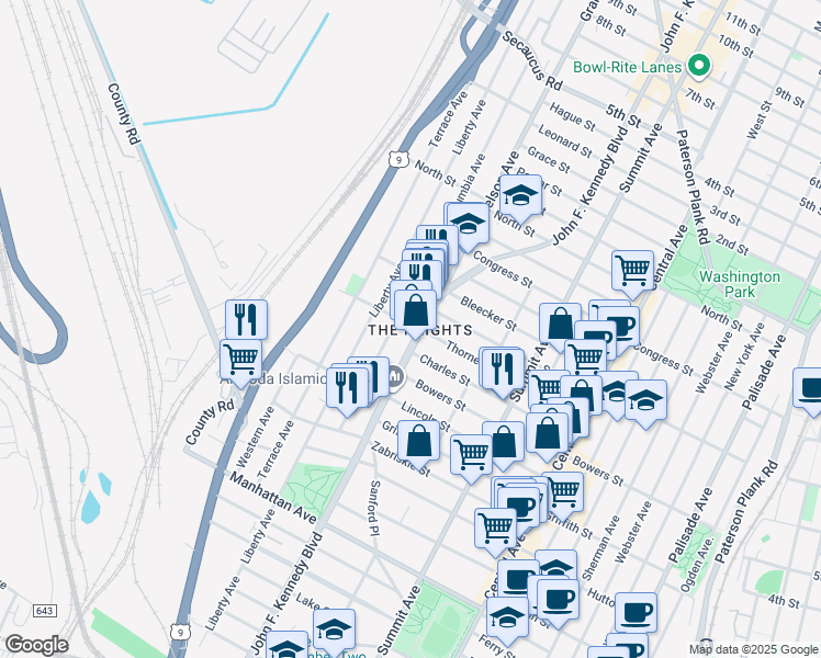 map of restaurants, bars, coffee shops, grocery stores, and more near 76 Columbia Avenue in Jersey City