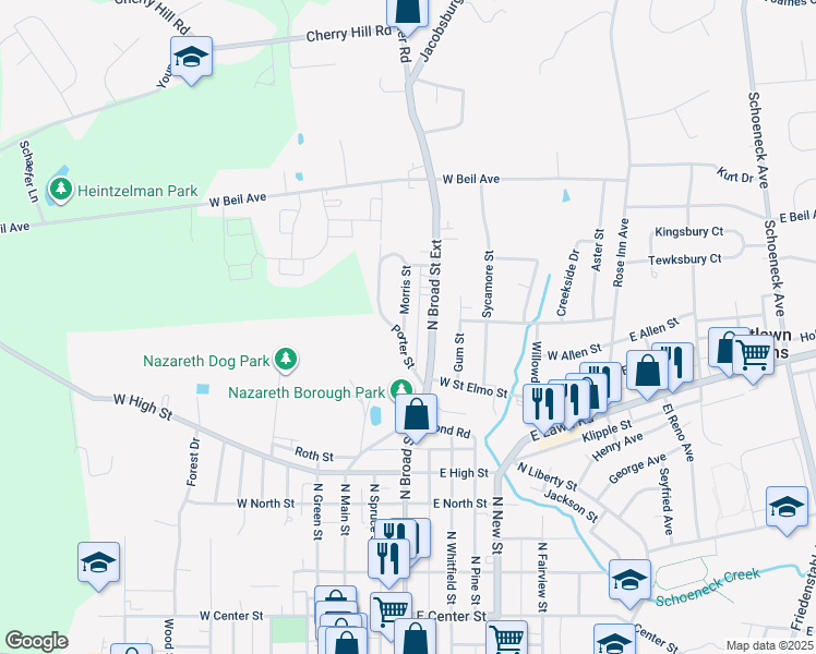 map of restaurants, bars, coffee shops, grocery stores, and more near 30 Morris Street in Nazareth