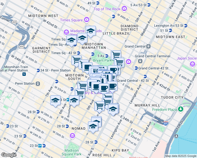 map of restaurants, bars, coffee shops, grocery stores, and more near 1376 West 38th Street in New York
