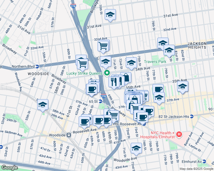 map of restaurants, bars, coffee shops, grocery stores, and more near 34-39 69th Street in Queens