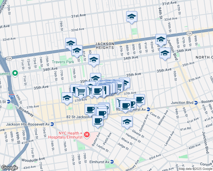 map of restaurants, bars, coffee shops, grocery stores, and more near 35-59 84th Street in Queens