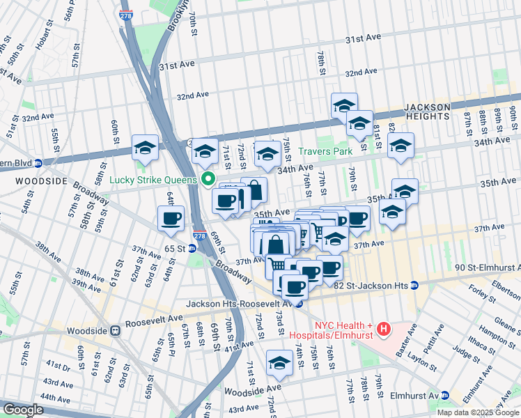 map of restaurants, bars, coffee shops, grocery stores, and more near 35-02 73rd Street in Queens