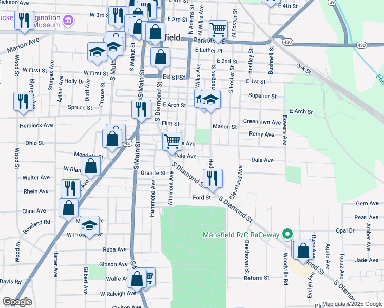 map of restaurants, bars, coffee shops, grocery stores, and more near 129 Dale Avenue in Mansfield
