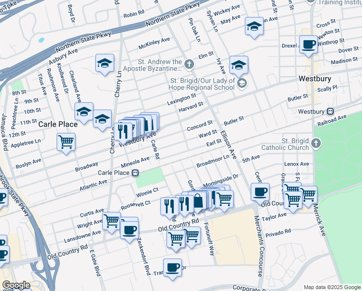 map of restaurants, bars, coffee shops, grocery stores, and more near 100 Earl Street in Westbury