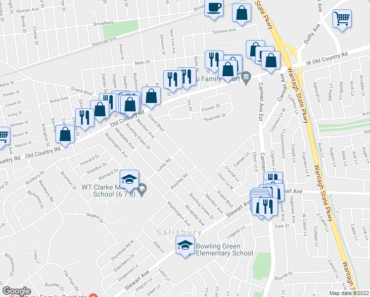 map of restaurants, bars, coffee shops, grocery stores, and more near 961 Grand Boulevard in Westbury