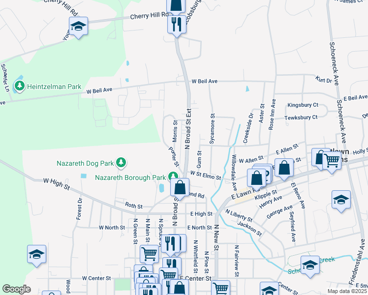 map of restaurants, bars, coffee shops, grocery stores, and more near 75 North Broad Street in Nazareth