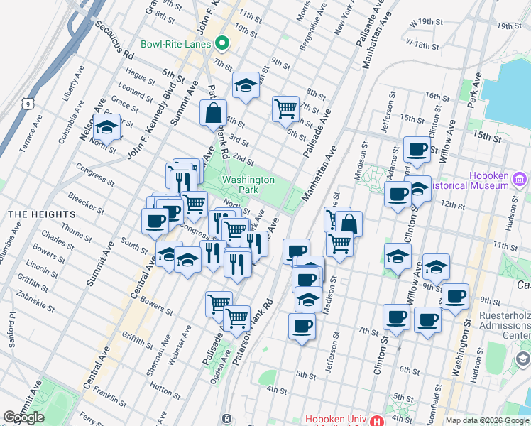 map of restaurants, bars, coffee shops, grocery stores, and more near 644 Palisade Avenue in Jersey City