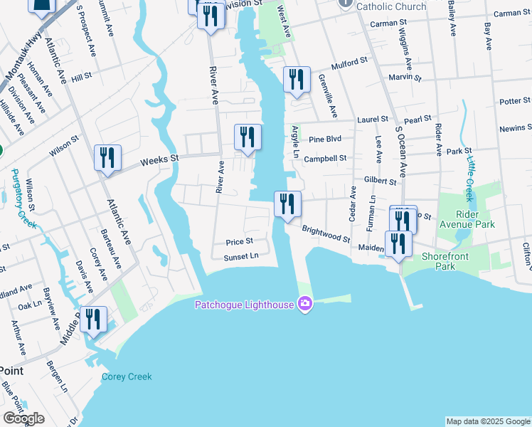 map of restaurants, bars, coffee shops, grocery stores, and more near 60 Midship Lane in Patchogue