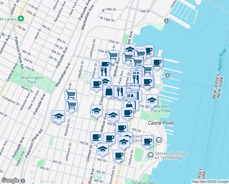 map of restaurants, bars, coffee shops, grocery stores, and more near 216 11th Street in Hoboken