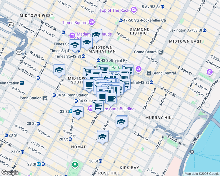 map of restaurants, bars, coffee shops, grocery stores, and more near 1376 West 38th Street in New York