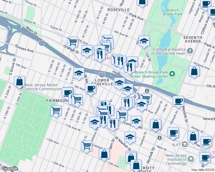 map of restaurants, bars, coffee shops, grocery stores, and more near 63 North 6th Street in Newark