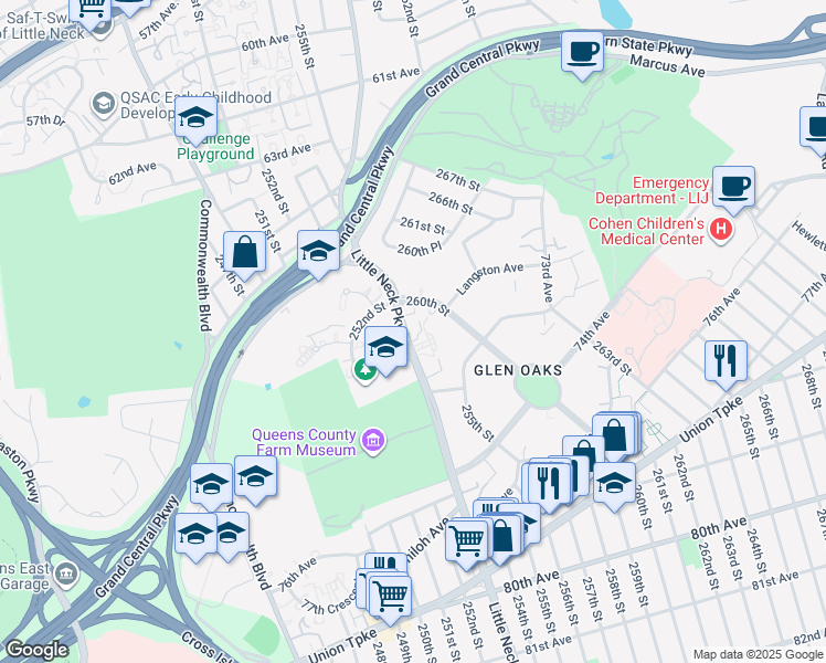 map of restaurants, bars, coffee shops, grocery stores, and more near 71-21 Little Neck Parkway in Queens