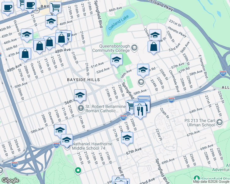 map of restaurants, bars, coffee shops, grocery stores, and more near 56-61 219th Street in Queens