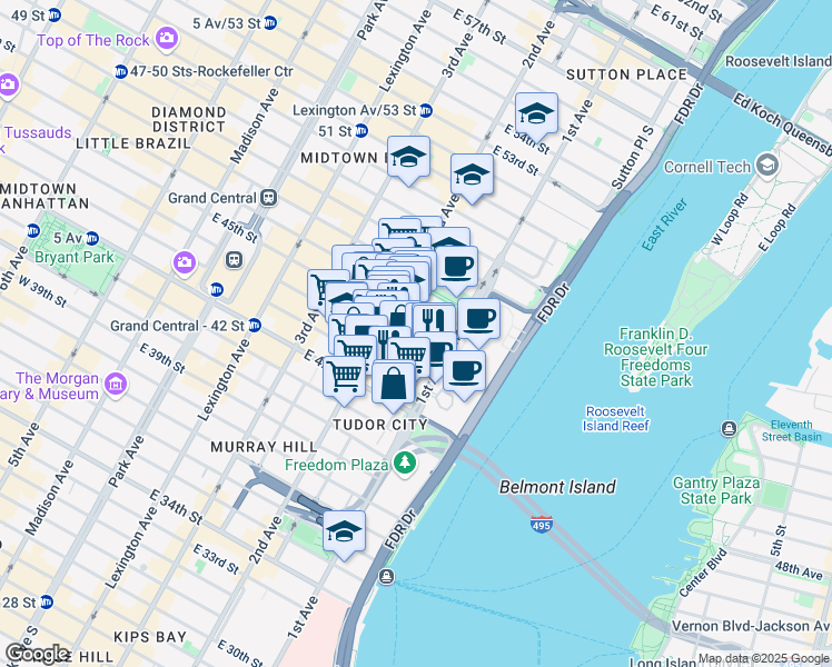 map of restaurants, bars, coffee shops, grocery stores, and more near 320 East 45th Street in New York