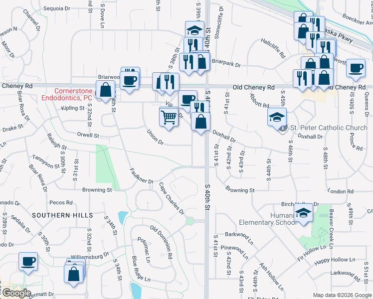 map of restaurants, bars, coffee shops, grocery stores, and more near 6100-6120 Village Drive in Lincoln