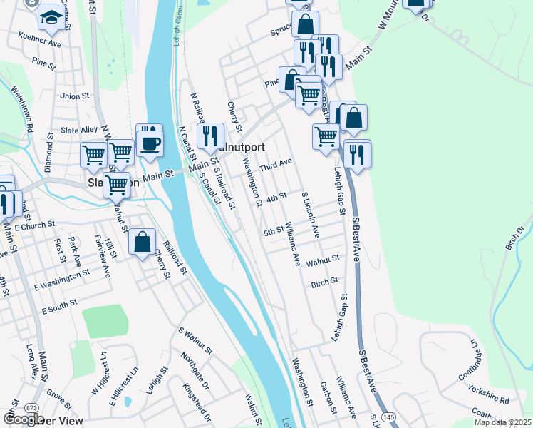 map of restaurants, bars, coffee shops, grocery stores, and more near 411 Washington Street in Walnutport