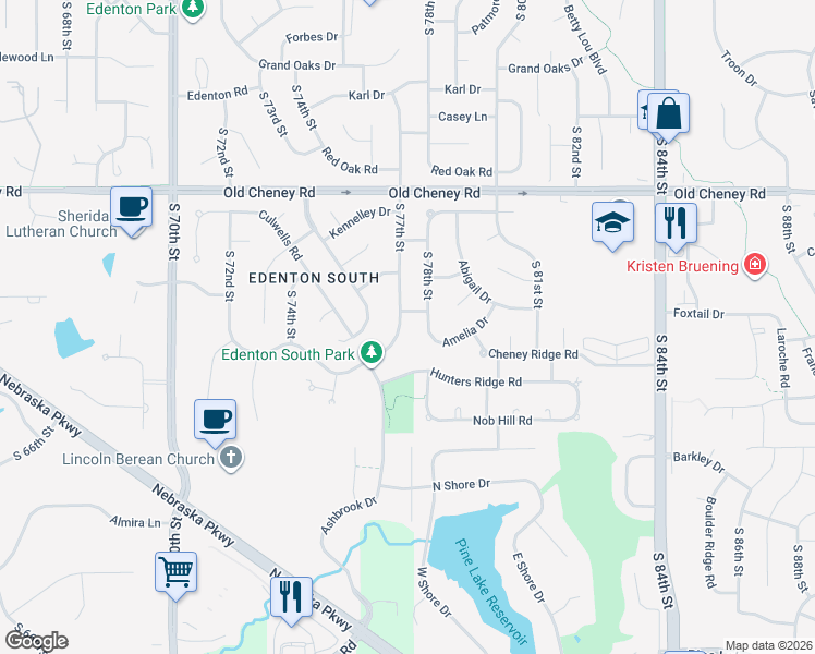 map of restaurants, bars, coffee shops, grocery stores, and more near 7611 Stevens Ridge Road in Lincoln