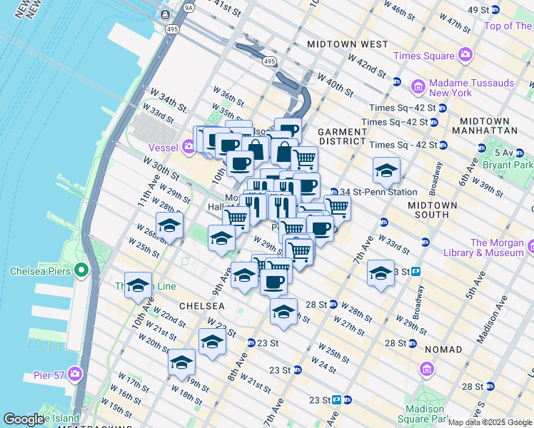 map of restaurants, bars, coffee shops, grocery stores, and more near 370 West 30th Street in New York