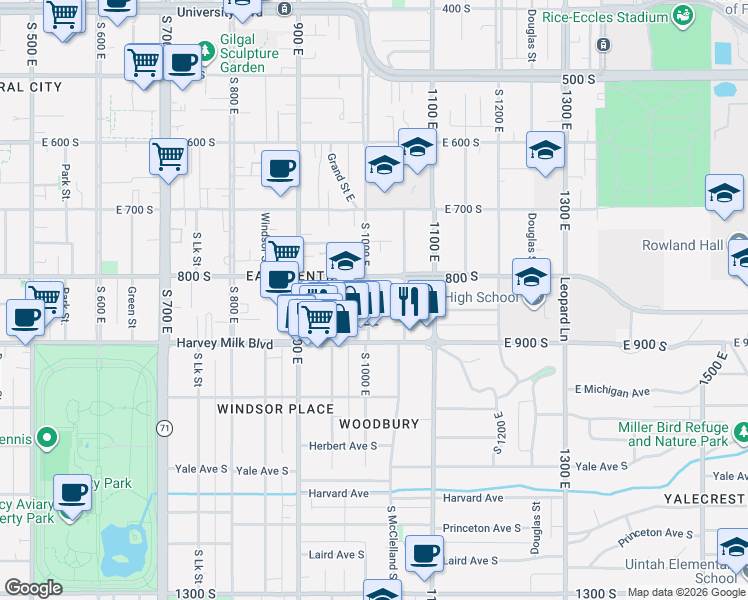map of restaurants, bars, coffee shops, grocery stores, and more near 862 South 1000 East in Salt Lake City