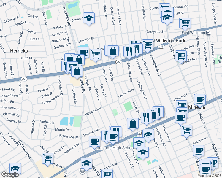 map of restaurants, bars, coffee shops, grocery stores, and more near 447 Foch Boulevard in Mineola