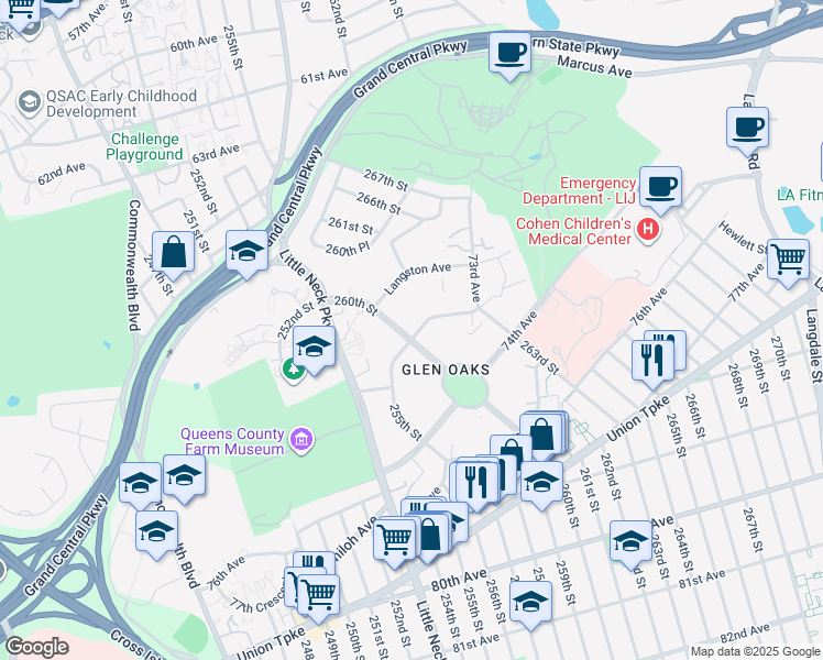 map of restaurants, bars, coffee shops, grocery stores, and more near 73-6 260th Street in Queens