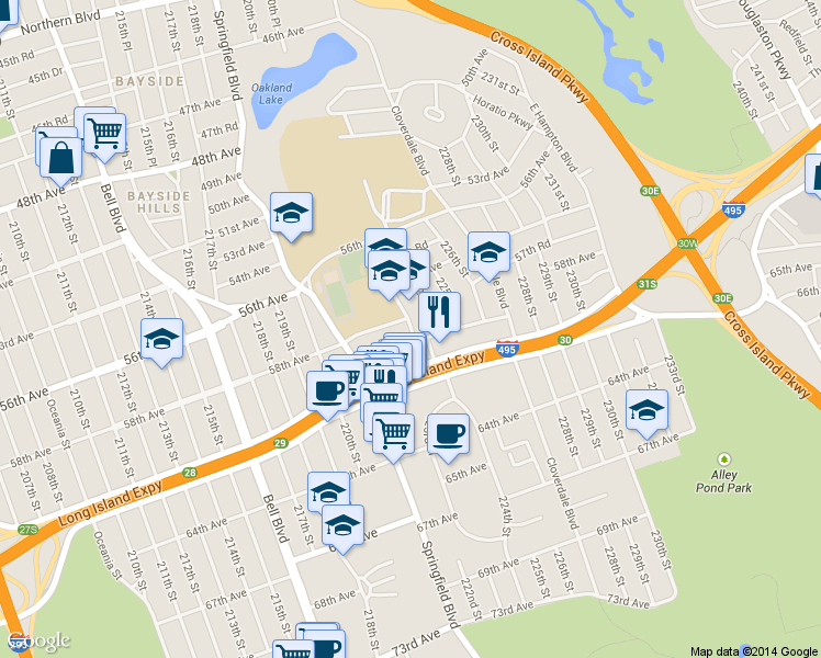 map of restaurants, bars, coffee shops, grocery stores, and more near 221-64 59th Avenue in Queens