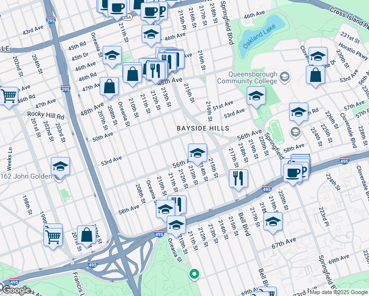 map of restaurants, bars, coffee shops, grocery stores, and more near 213-03 56th Avenue in Queens