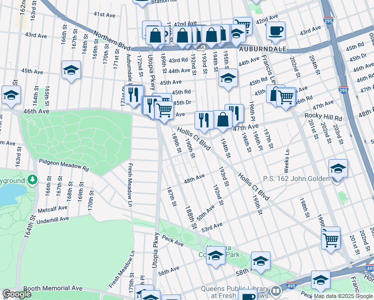 map of restaurants, bars, coffee shops, grocery stores, and more near 47-20 190th Street in Queens