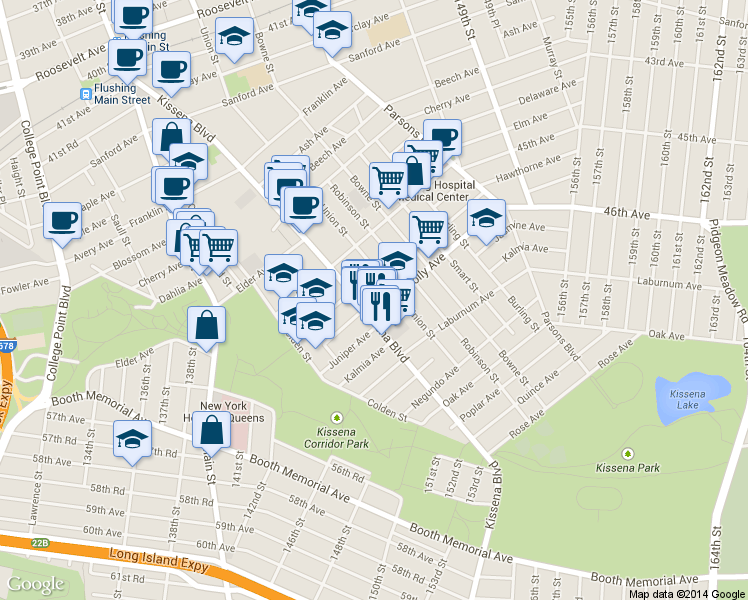 map of restaurants, bars, coffee shops, grocery stores, and more near in Queens