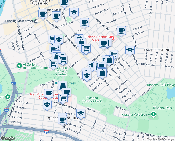 map of restaurants, bars, coffee shops, grocery stores, and more near 13764 Geranium Avenue in Queens