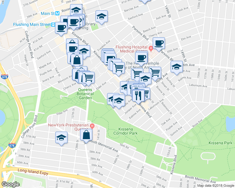 map of restaurants, bars, coffee shops, grocery stores, and more near 13764 Geranium Avenue in Queens