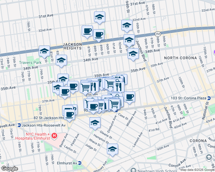 map of restaurants, bars, coffee shops, grocery stores, and more near 89-16 37th Avenue in Queens