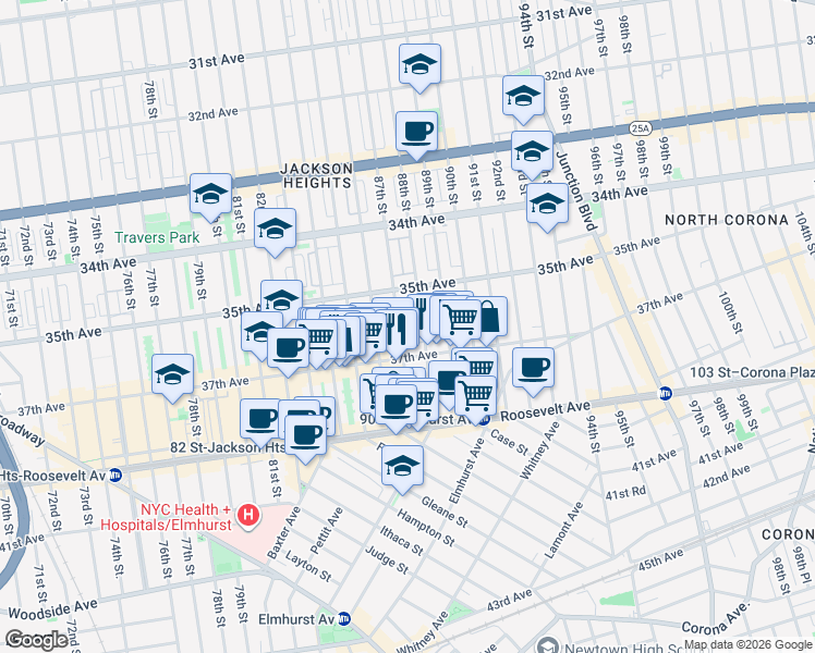 map of restaurants, bars, coffee shops, grocery stores, and more near 8612 37th Avenue in Queens